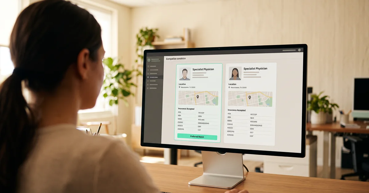 Choosing between specialists A referral coordinator comparing two specialist profiles on a computer screen showing locations and accepted insurance plans