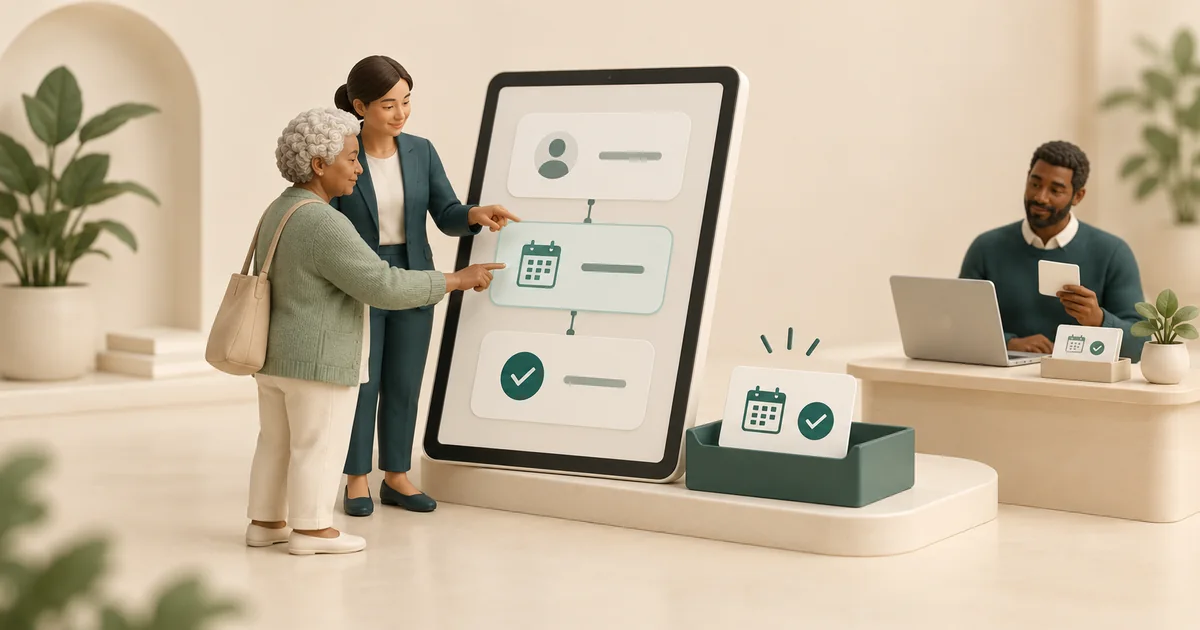 Guiding a patient through one portal task Miniature staff member guides an older patient through a tablet form with calendar and check steps beside a colleague's desk