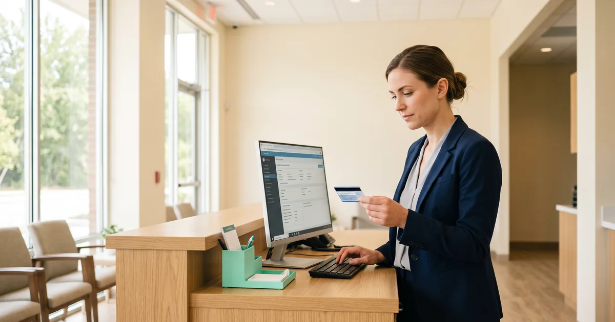 Verifying registration details before a visit Front desk specialist verifying patient demographics and insurance details before a visit