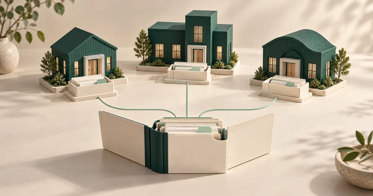 Shared referral operations across acquired clinic locations Three distinct teal clinic models and their local record trays connect to one shared cream and teal folder