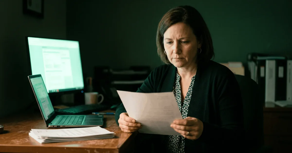 Prior Authorization Denied: The 10 Most Common Reasons and How to Prevent Each One Healthcare coordinator reviewing prior authorization denial paperwork beside a laptop and monitor