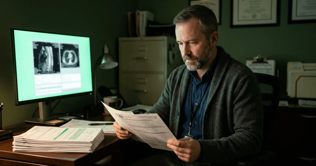 Prior Authorization for MRI and Imaging: A Practical Guide for Specialty Practices Clinician reviewing prior authorization paperwork beside a monitor displaying medical scan images