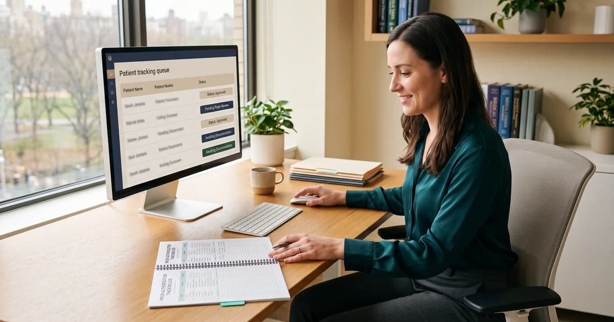 Working a prior authorization tracking queue A coordinator reviews a prior authorization tracking queue on a monitor beside a printed PA log