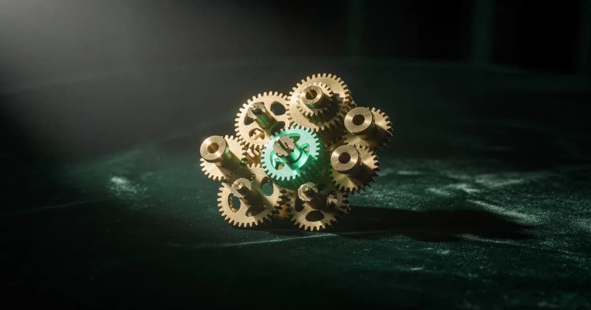 Provider scheduling logic: why matching patients to the right slot is so hard Interlocking brass gears with one glowing green gear at the center, representing interdependent scheduling logic