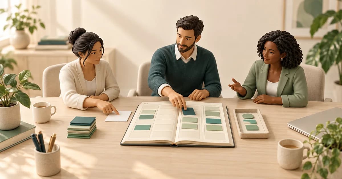 Referral coordinator workload and workflow review Three miniature colleagues at a table reviewing an open workload diary of teal task tiles, one pointing to a tile