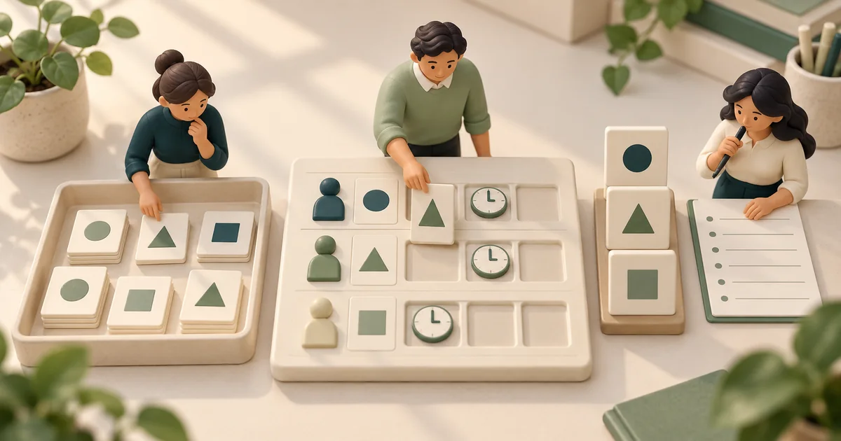 Placing weekly task tiles on a staffing grid Three miniature staff place task tiles and clocks on a grid of staff rows, drawing from a tray of cards and a checklist
