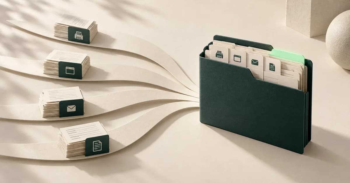 Referral intake automation channels converge into one record Four paper intake channels converge into one dark teal folder with source-labelled dividers and a mint tab