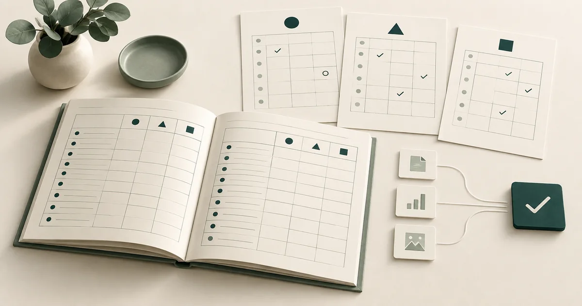 Referral management RFP workbook and vendor answer sheets An open workbook with a scoring grid, three vendor answer sheets, and evidence tiles leading to one teal checkmark