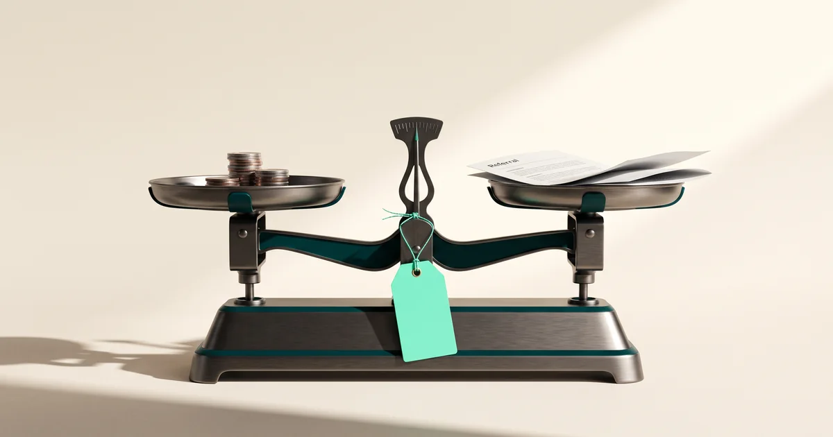 Weighing cost against referrals Balance scale with stacked coins on one pan and referral documents on the other, a mint price tag hanging from its center