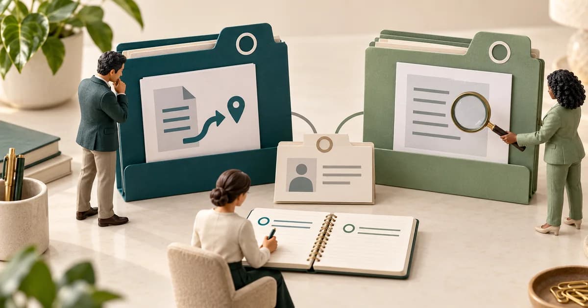 Two folders, two separate checks Miniature staff compare a teal referral folder and a sage authorization folder beside a patient card and an open notebook