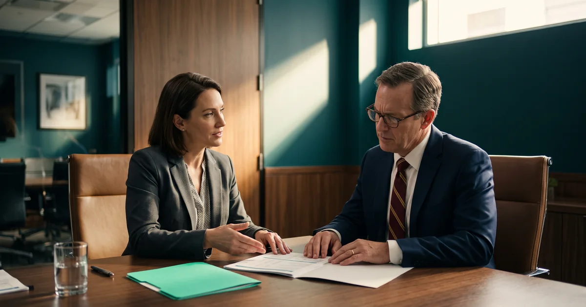 Reviewing the benefit ledger together Two administrators at a boardroom table review a printed benefit ledger, one pointing at the figures beside a mint folder