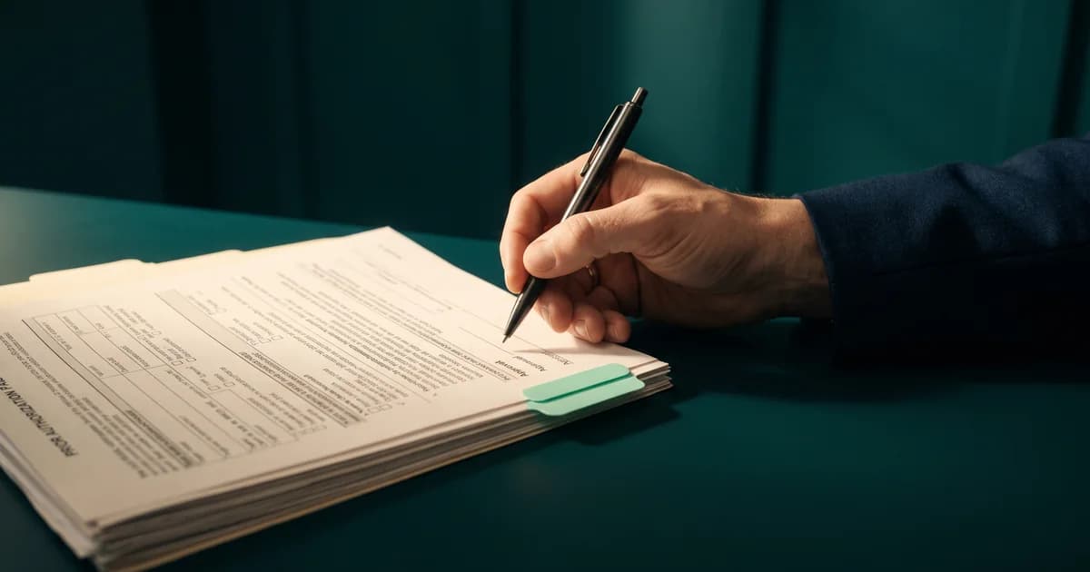 The human signature on a PA form A hand holding a pen over the approval line of a prior authorization form in a manila folder with a mint tab on a green desk