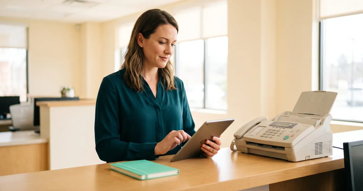 How to Reduce Fax Dependency in Your Referral Workflow Front desk coordinator processing a referral on a tablet beside a fax machine still running at the counter