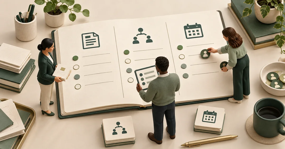Miniature operations team assigning evidence and owners in a CMS readiness register