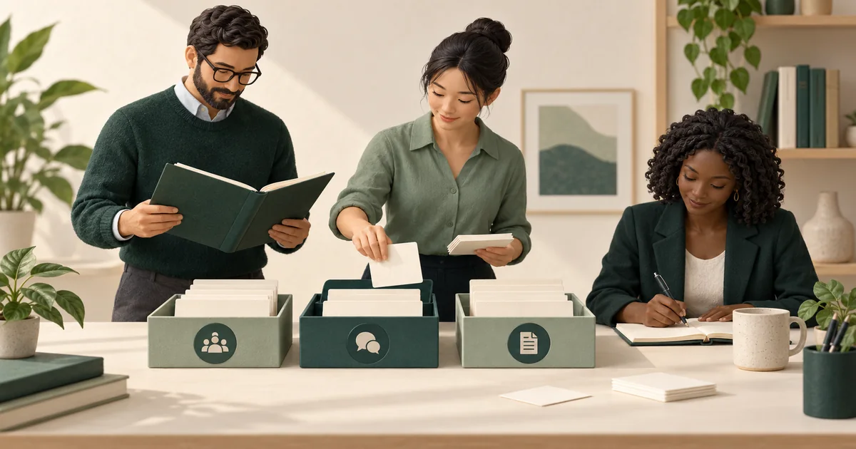 Operations team mapping software requirements with cards and workflow trays